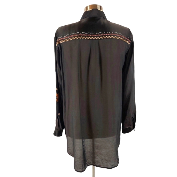 Johnny Was CALME Black Silk Blend Embroidered Long Sleeve Blouse - Picture 2 of 10